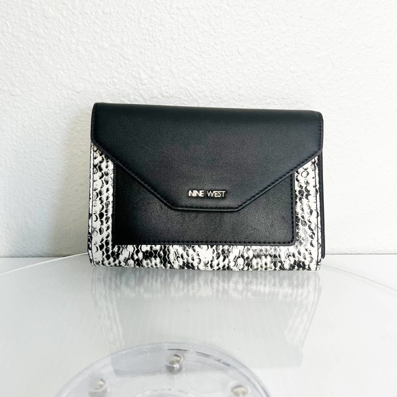 Nine West Black White Snakeskin Foldover Convertible Clutch Crossbody Bag - Picture 2 of 10
